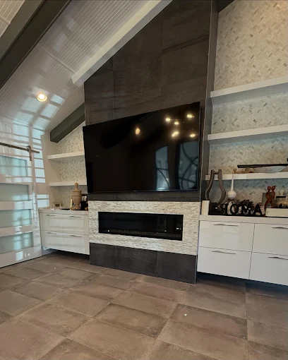 55-inch TV mounted on tile fireplace surround in Acworth, GA with hidden wiring