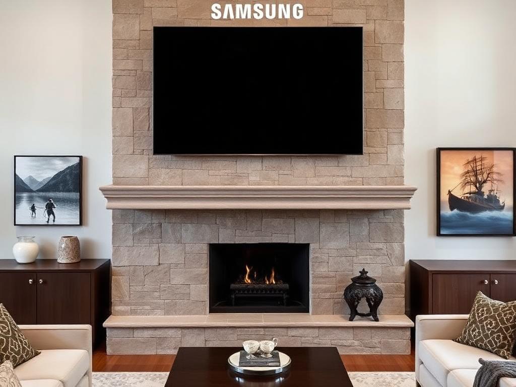 Samsung Frame TV professionally mounted above fireplace in Atlanta home
