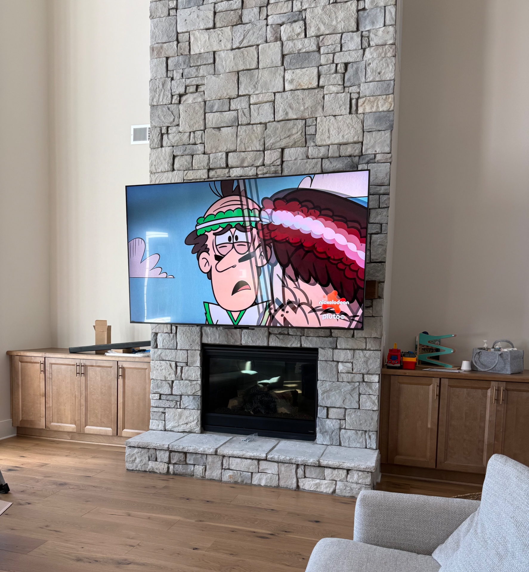 85-inch MantelMount TV installation on Stone Fireplace in Peachtree City, GA