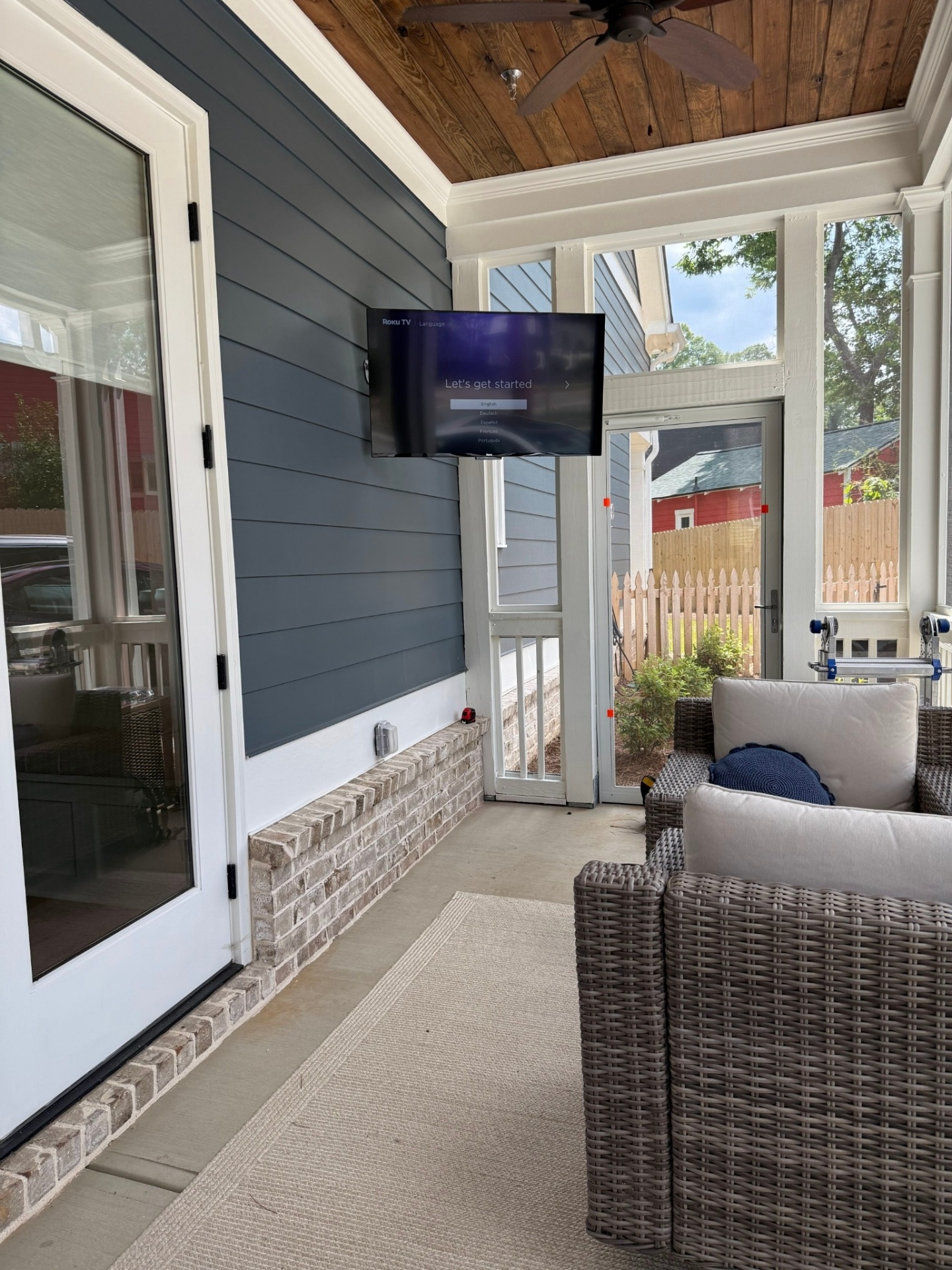 TV mounted on screened porch with ceiling mount in Snellville, GA