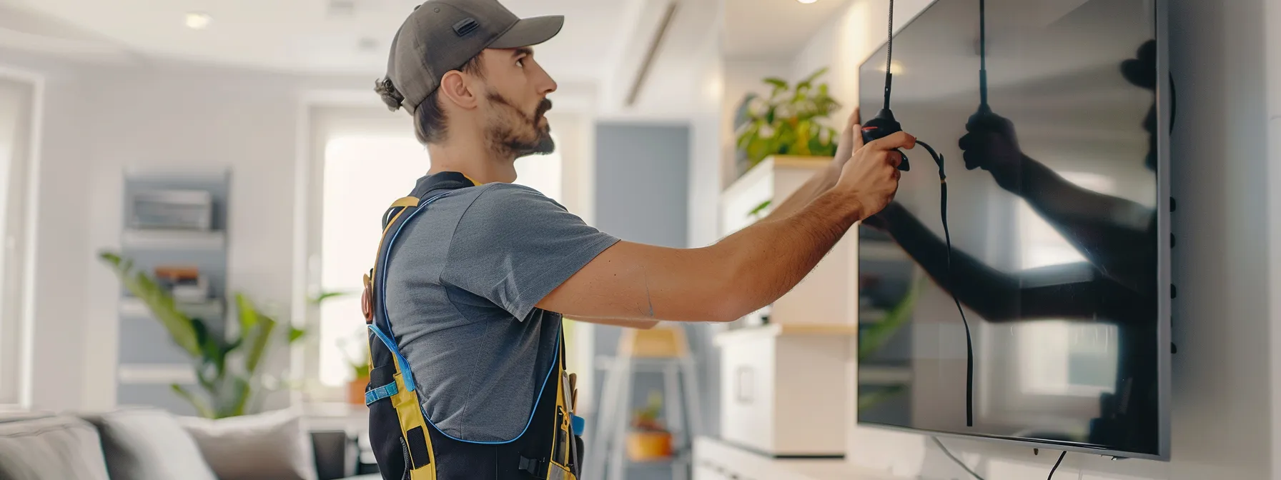 a professional installer seamlessly mounting a sleek flat-screen tv on a pristine white wall in a modern living room setting.