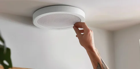 a person fitting a sleek, white ceiling speaker seamlessly into a wallboard, showcasing a modern and elegant home audio setup.